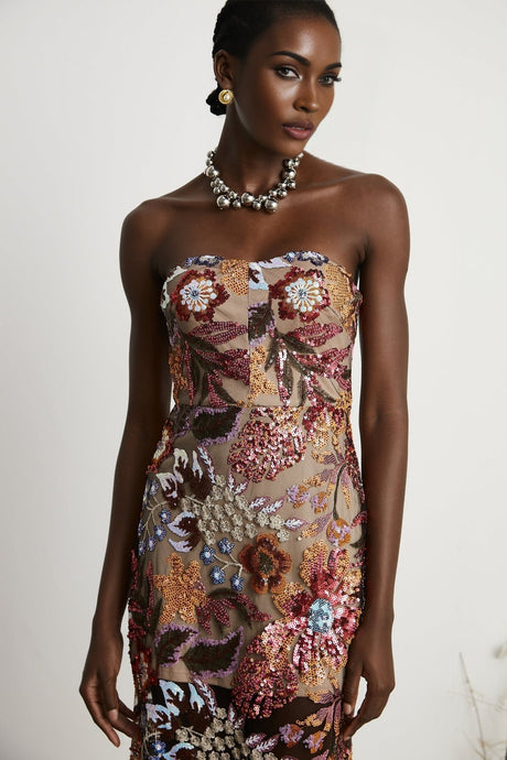 Colorful floral embroidered midi dress adorned with sequins featuring designs by Therese