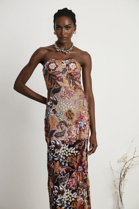 Colorful midi dress with floral embroidery and sequin embellishments by Therese