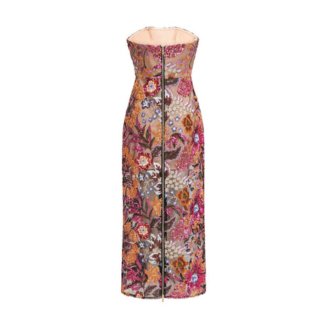 Colorful midi dress with floral embroidery and sequin embellishments designed by Therese