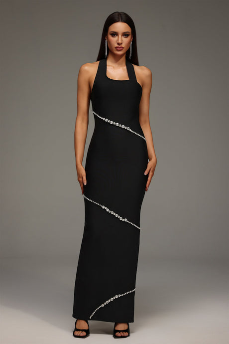 Concetta Black Halter Neckline Embellished Formal Dress
