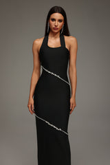 Concetta Black Halter Neckline Embellished Formal Dress