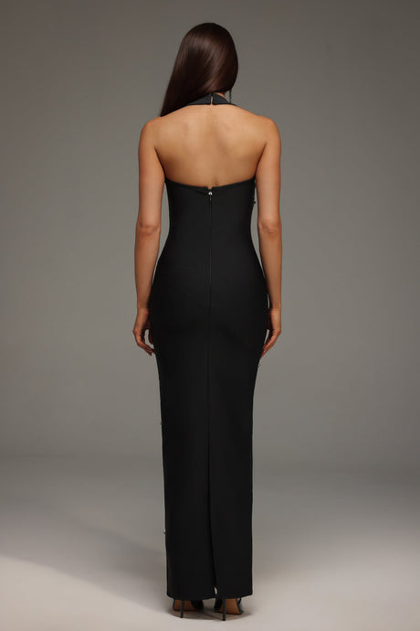 Concetta Black Halter Neckline Embellished Formal Dress