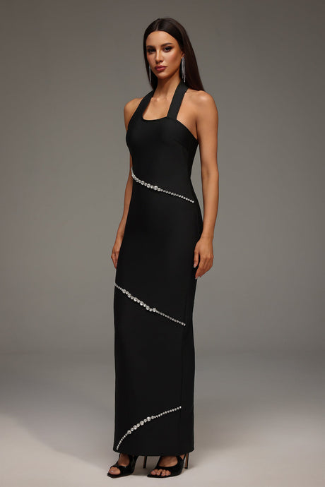 Concetta Black Halter Neckline Embellished Formal Dress