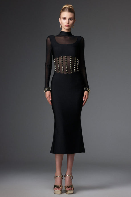 Concetta Black Mesh Bandage Dress with Long Sleeves and Waist Detailing