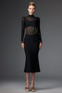 Concetta Black Mesh Bandage Dress with Long Sleeves and Waist Detailing