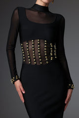 Concetta Black Mesh Bandage Dress with Long Sleeves and Waist Detailing