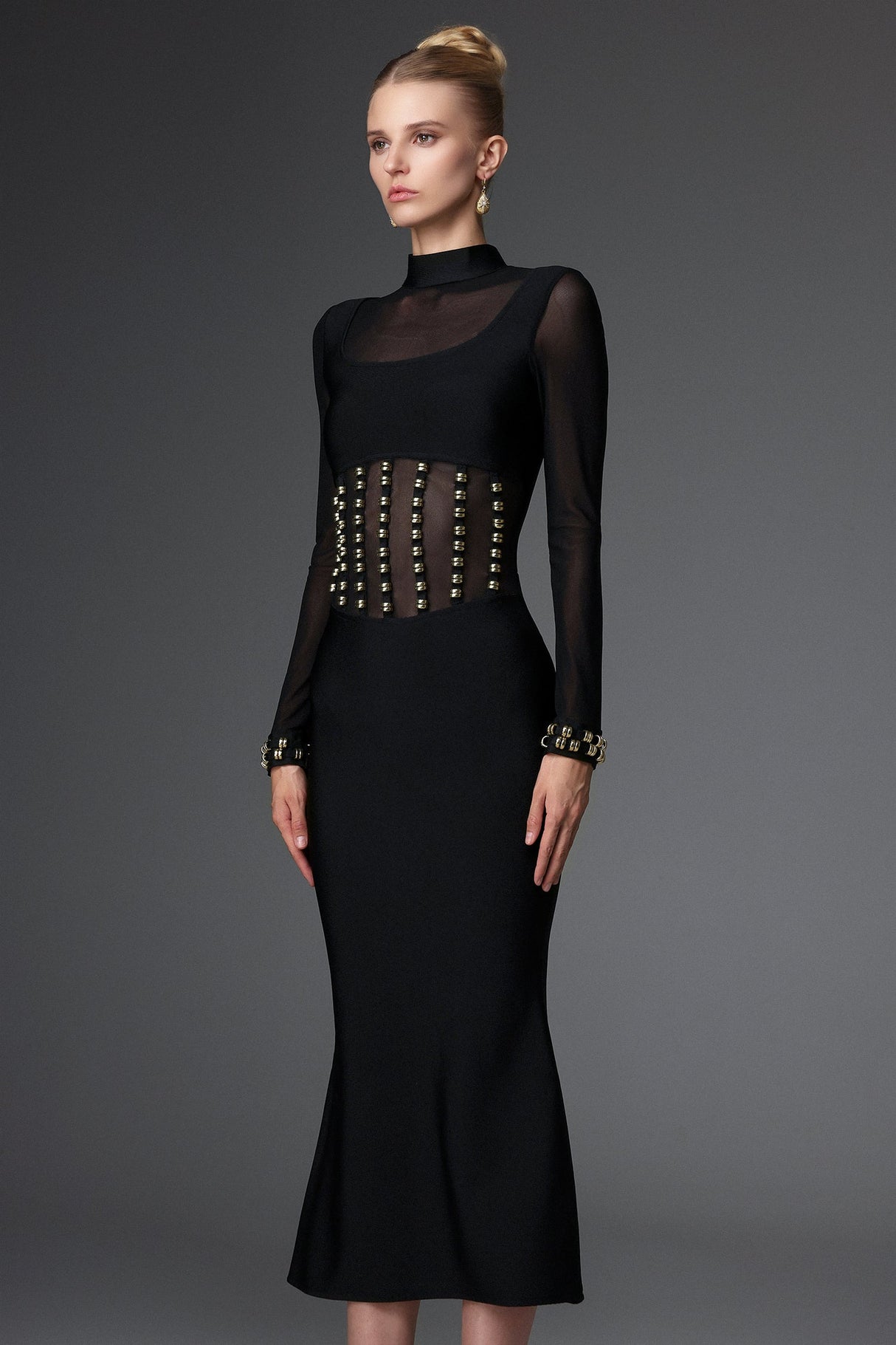 Concetta Black Mesh Bandage Dress with Long Sleeves and Waist Detailing for Night Out or Special Occasion