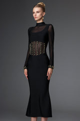 Concetta Black Mesh Bandage Dress with Long Sleeves and Waist Detailing for Night Out or Special Occasion