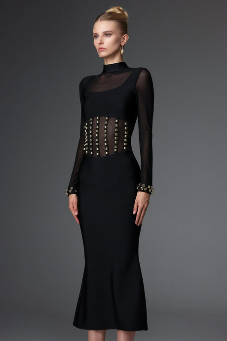 Concetta Black Mesh Bandage Dress with Long Sleeves and Waist Detailing for Night Out or Special Occasion