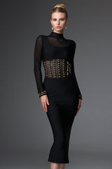 Concetta Black Mesh Bandage Dress with Long Sleeves and Waist Detailing