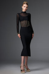 Concetta Black Mesh Bandage Dress with Unique Waist Detailing and High Neckline