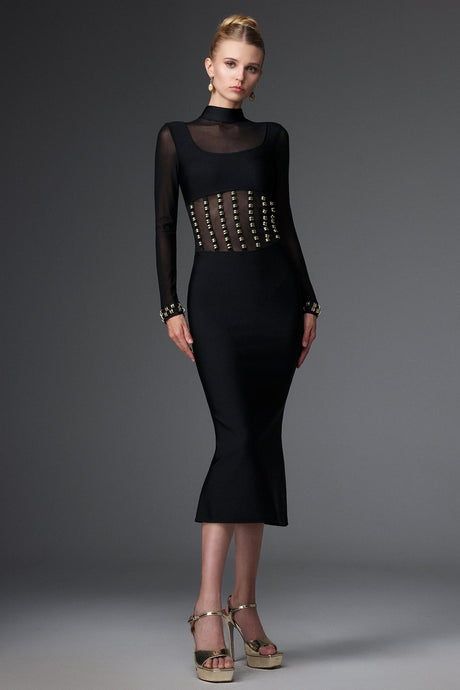 Concetta Black Mesh Bandage Dress with Unique Waist Detailing and High Neckline