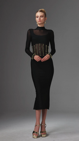 Concetta Black Mesh Bandage Dress with Waist Detailing and High Neckline