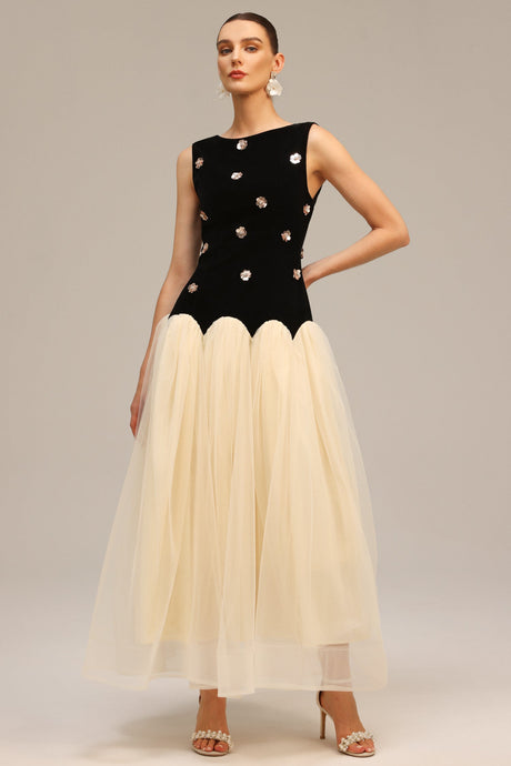 Concetta Black Velvet Sequined Floral Tulle Dress