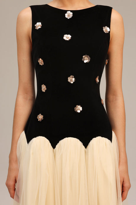 Concetta Black Velvet Sequined Flower Tulle Dress