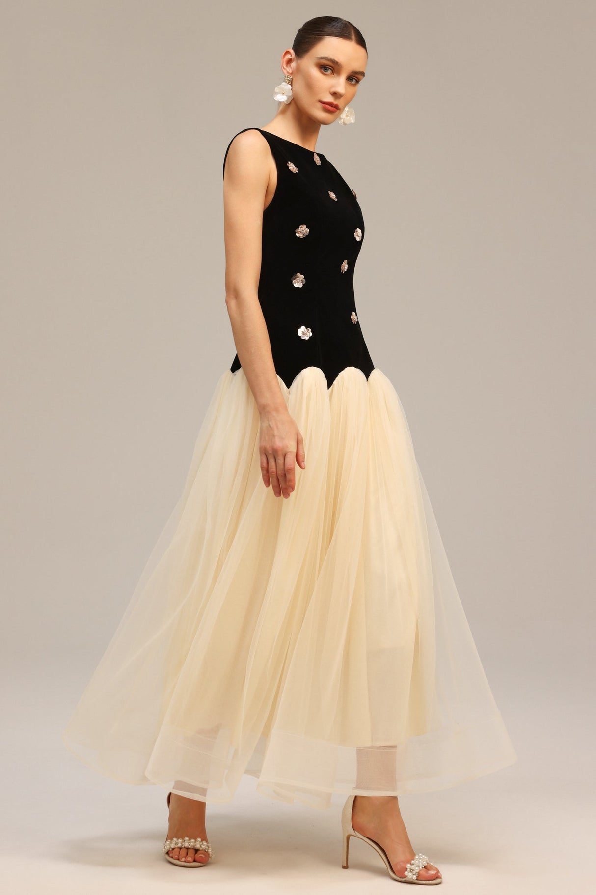 Concetta Black Velvet Sequined Flowers Tulle Dress