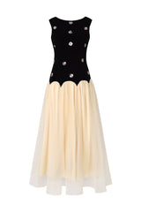 Concetta Black Velvet Sequined Flowers Tulle Dress