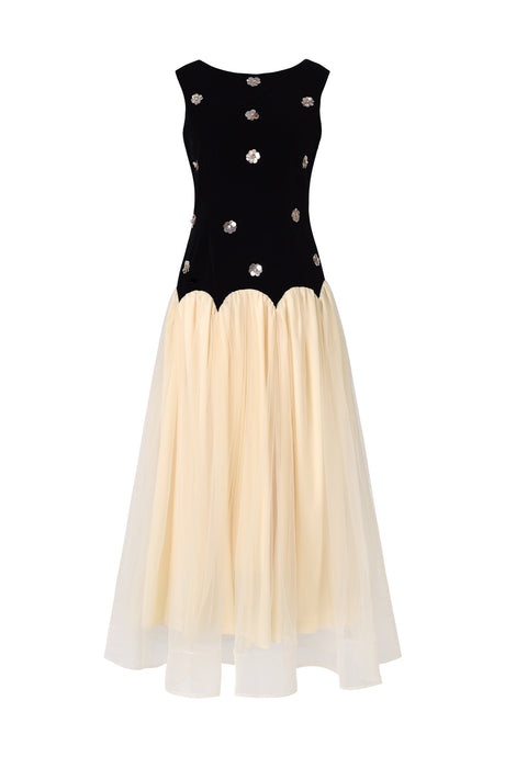 Concetta Black Velvet Sequined Flowers Tulle Dress