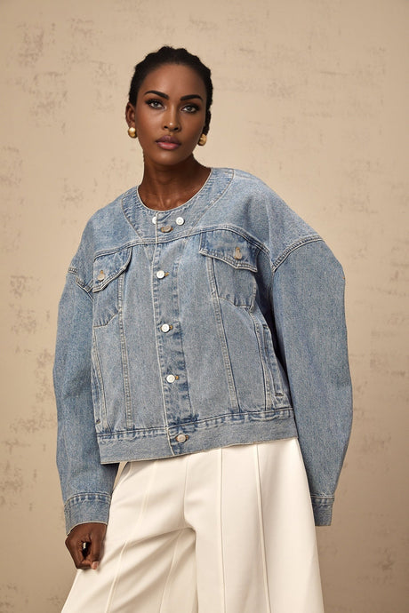 Concetta Denim Jacket - Collarless Design - Buttoned Cuffs - Folded Edge - Chest & Side Pockets