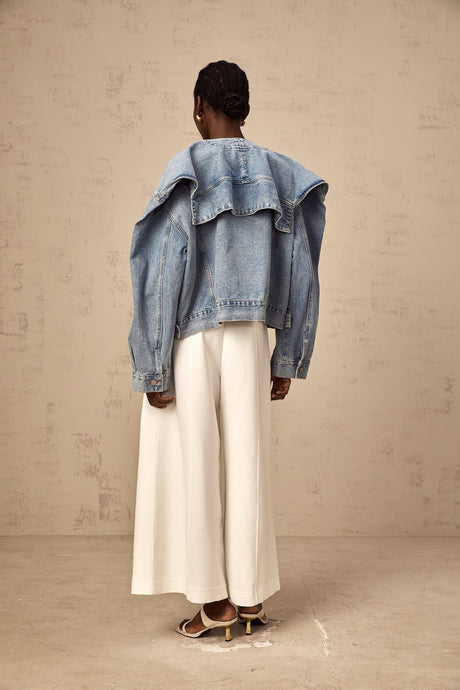 Concetta Denim Jacket - Collarless Design - Buttoned Cuffs - Folded Edge - Chest & Side Pockets
