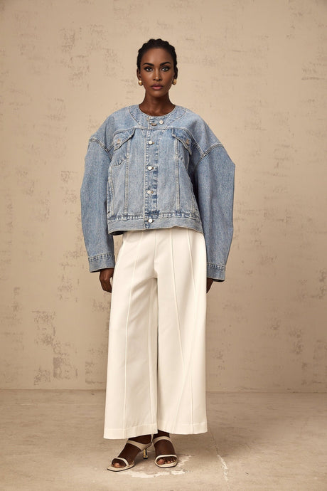 Concetta Denim Jacket - Collarless Design - Buttoned Cuffs - Folded Edge - Chest & Side Pockets