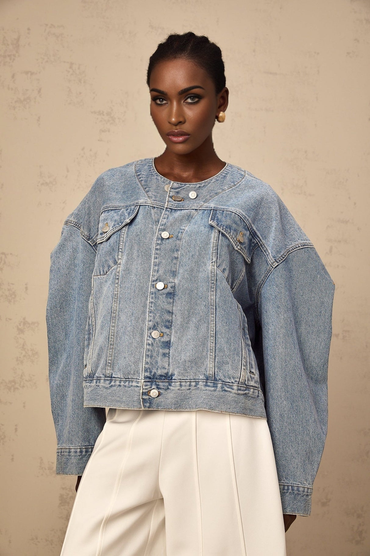 Concetta Denim Jacket - Collarless Design - Buttoned Cuffs - Folded Edge - Chest & Side Pockets