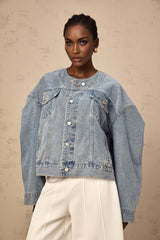 Concetta Denim Jacket - Collarless Design - Buttoned Cuffs - Folded Edge - Chest & Side Pockets