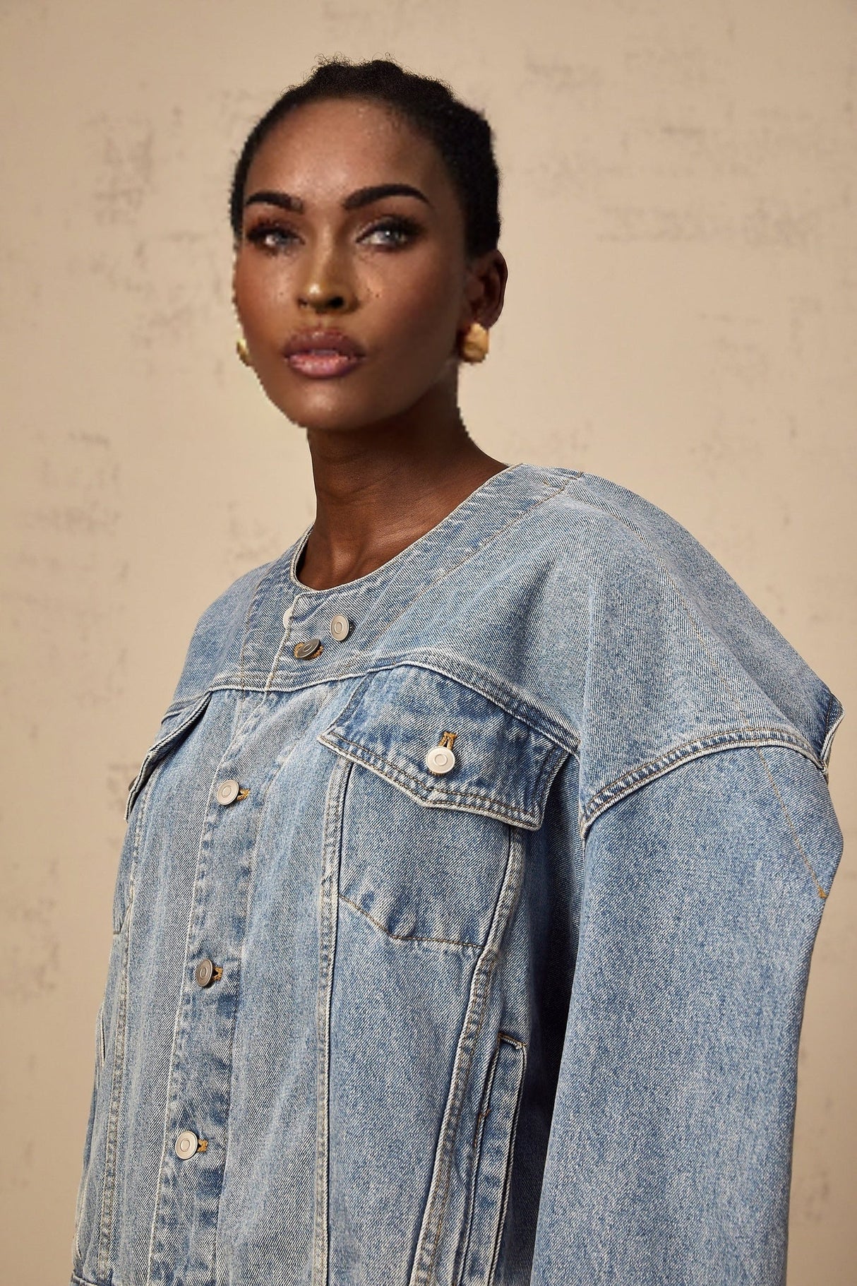 Concetta Denim Jacket - Collarless Design - Buttoned Cuffs - Folded Edge - Chest & Side Pockets