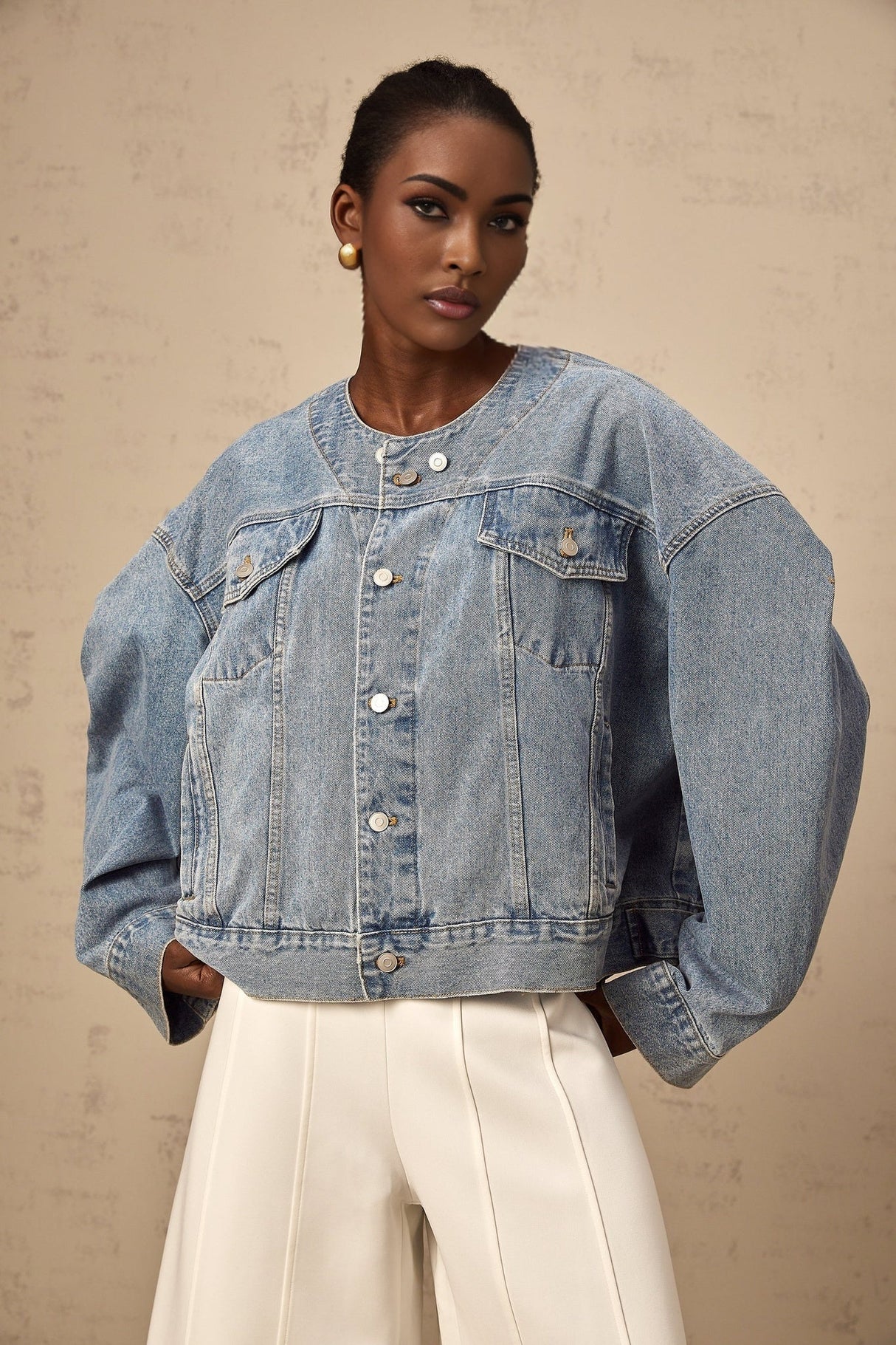 Concetta Denim Jacket - Collarless Design - Buttoned Cuffs - Folded Edge - Chest & Side Pockets