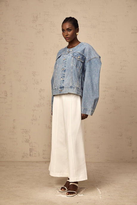 Concetta Denim Jacket - Collarless Design - Buttoned Cuffs - Folded Edge - Chest & Side Pockets