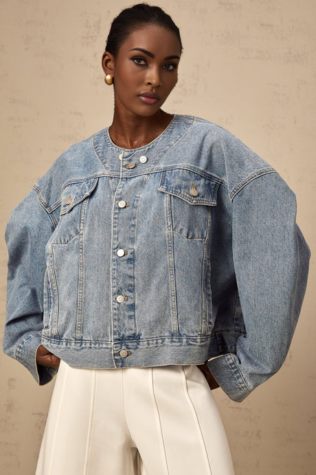 Concetta Denim Jacket - Collarless Design - Buttoned Cuffs - Folded Edge - Chest & Side Pockets