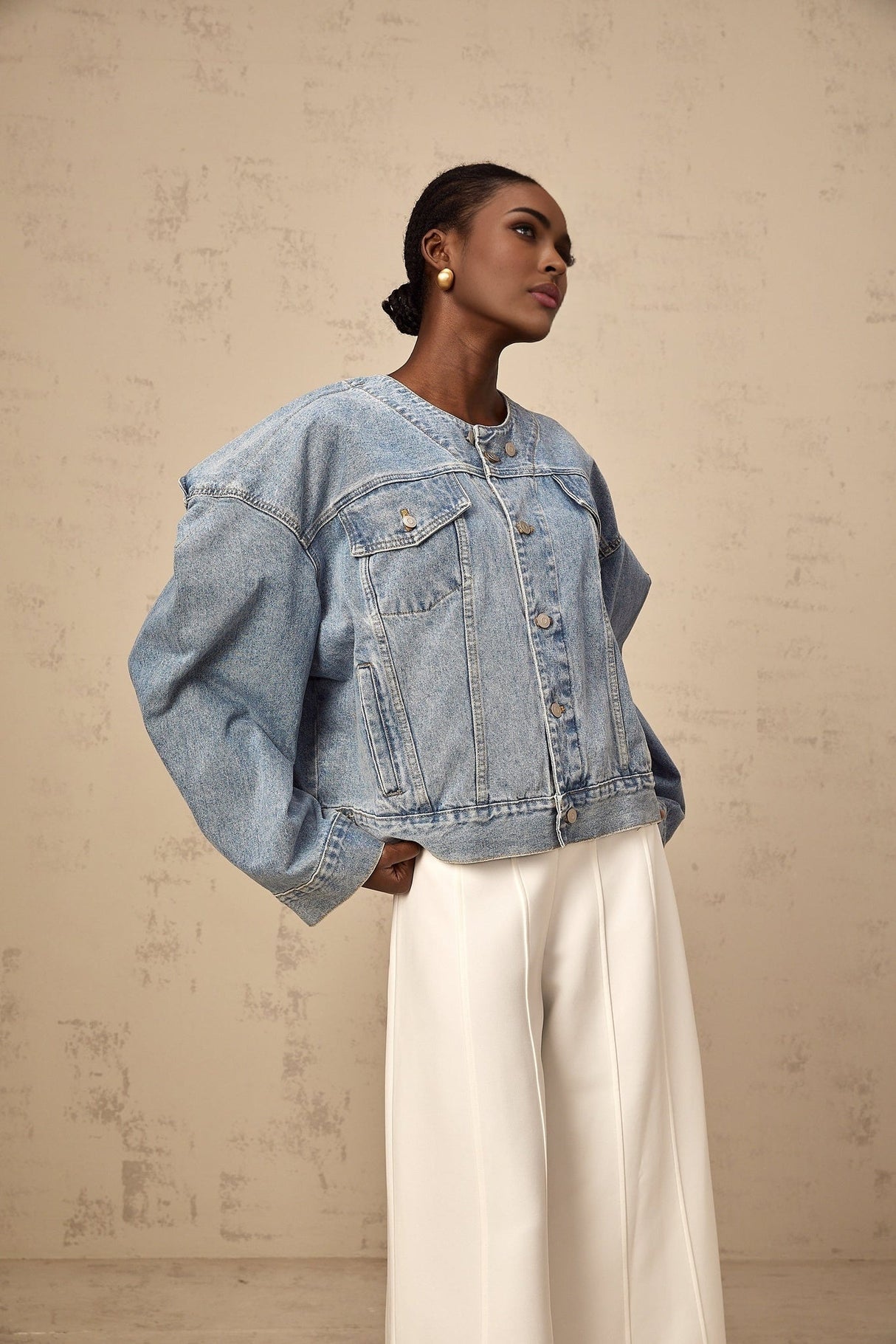 Concetta Denim Jacket - Collarless Design - Buttoned Cuffs - Folded Edge - Chest & Side Pockets