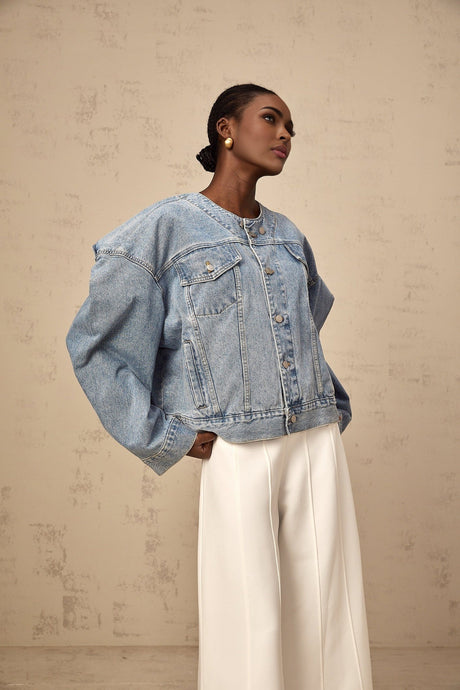 Concetta Denim Jacket - Collarless Design - Buttoned Cuffs - Folded Edge - Chest & Side Pockets