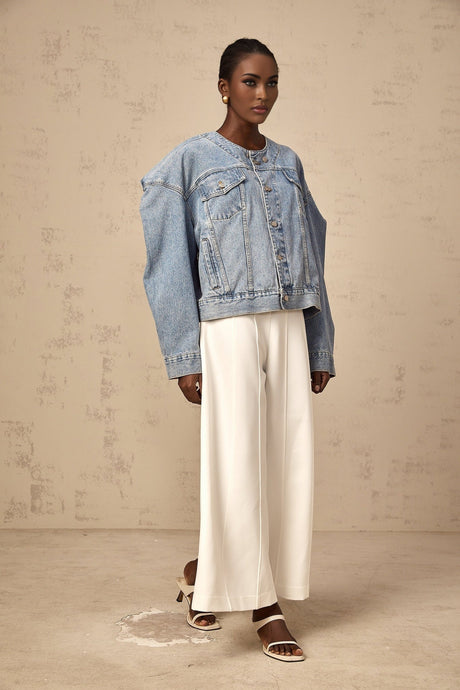 Concetta Denim Jacket - Collarless Design - Buttoned Cuffs - Folded Edge - Chest & Side Pockets