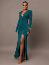 Concetta Maxi Dress - Slim Fit - Ruched, Wrap, Split Thigh - High Waist - Sleeve: Long Sleeve - Deep V Neckline - Hem Shaped: Slit - Modern Look