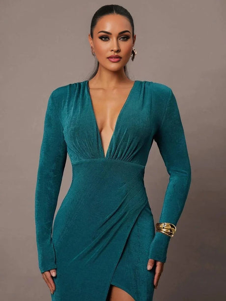 Concetta Maxi Dress - Slim Fit - Ruched, Wrap, Split Thigh - High Waist - Sleeve: Long Sleeve - Deep V Neckline - Hem Shaped: Slit - Modern Look