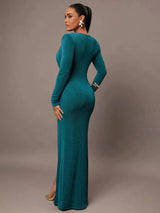 Concetta Maxi Dress - Slim Fit - Ruched, Wrap, Split Thigh - High Waist - Sleeve: Long Sleeve - Deep V Neckline - Hem Shaped: Slit - Modern Look