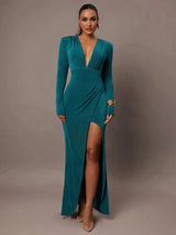 Concetta Maxi Dress - Slim Fit - Ruched, Wrap, Split Thigh - High Waist - Sleeve: Long Sleeve - Deep V Neckline - Hem Shaped: Slit - Modern Look