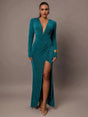 Concetta Maxi Dress - Slim Fit - Ruched, Wrap, Split Thigh - High Waist - Sleeve: Long Sleeve - Deep V Neckline - Hem Shaped: Slit - Modern Look