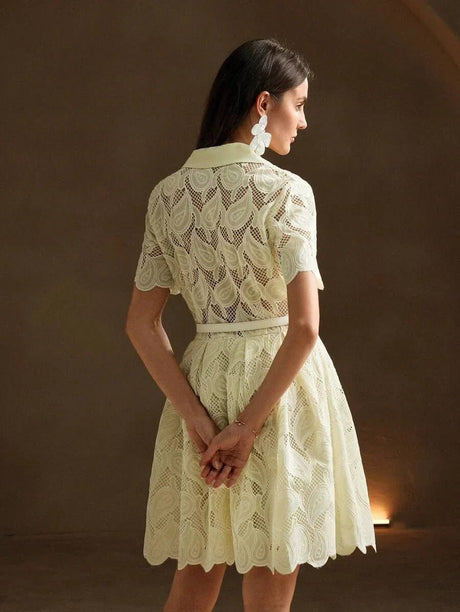 This delicate light yellow dress features an elegant lace design with a flattering fit-and-flare silhouette, perfect for any.