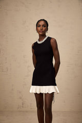 Concetta Mini Dress - Sleeveless Style - Knitted Construction - Ruffled Detailing - Contrast Colors - Faux - Pearl Embellishment