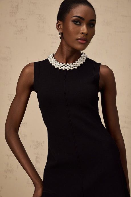 Concetta Mini Dress - Sleeveless Style - Knitted Construction - Ruffled Detailing - Contrast Colors - Faux - Pearl Embellishment