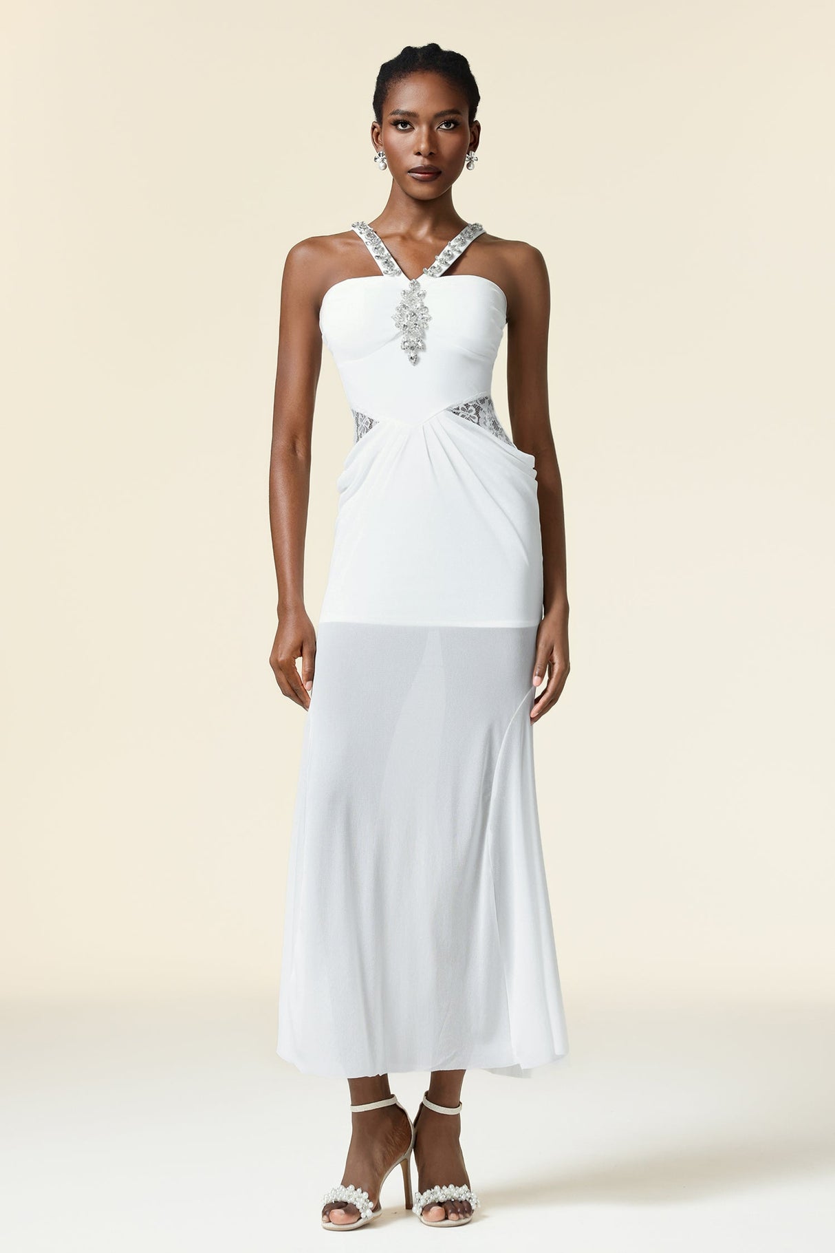 Concetta White Maxi Dress Strapless Neckline Elegant Special Occasions Lightweight Fabric Embellishments