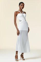 Concetta White Maxi Dress Strapless Neckline Waist Gathering Embellishments