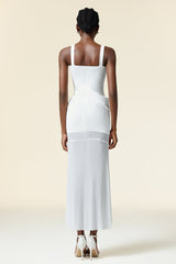 Concetta White Maxi Dress Strapless Neckline Elegant Special Occasions Lightweight Fabric Embellishments Statement Piece