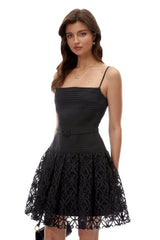 Constance Black Ruched Lace Mini Dress