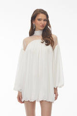 Constance White Tulle Puffball Mini Dress with Ribbon