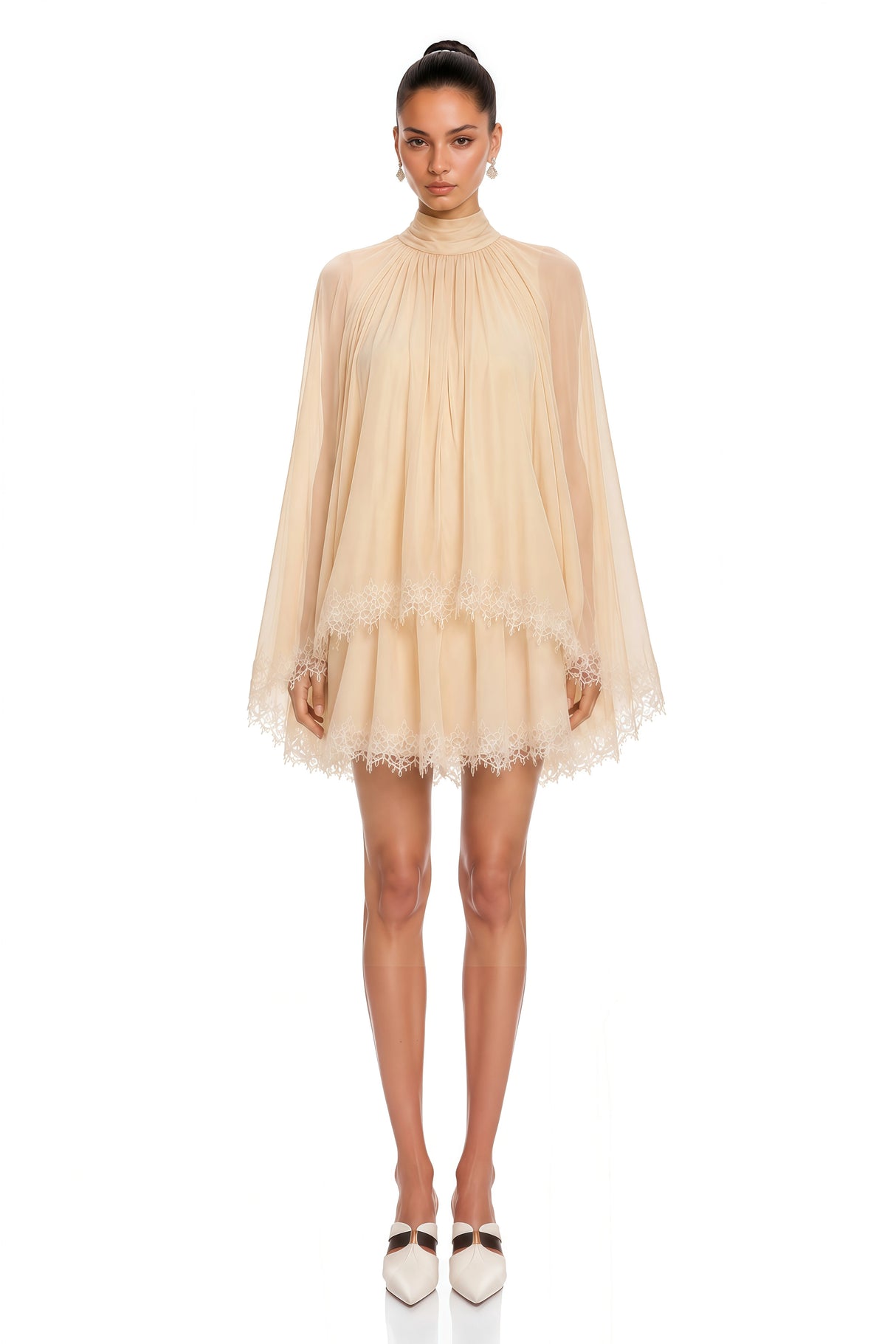 Consuela Neutral Pleated Mini Dress with Lace Trim