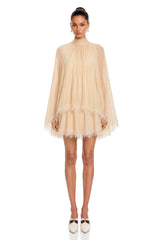 Consuela Neutral Pleated Mini Dress with Lace Trim