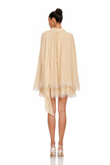 Consuela Neutral Pleated Mini Dress with Lace Trim